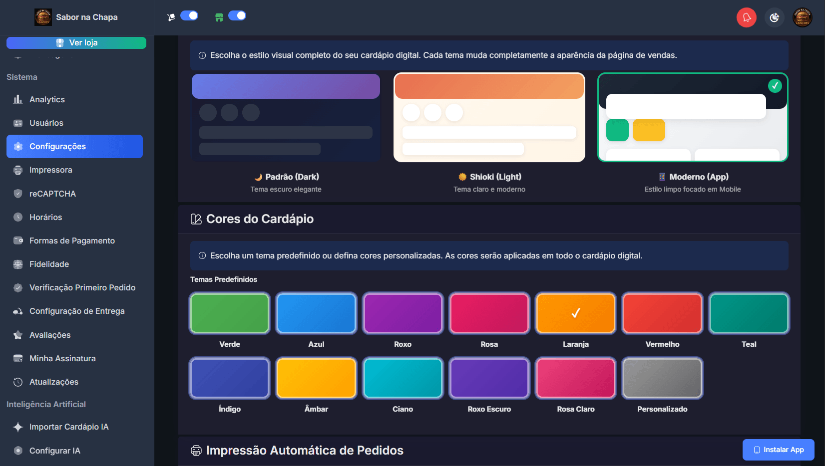 Customização de Temas e Cores do Cardápio